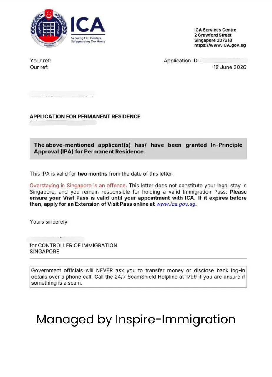 ICA In-Principle Approval letter for Permanent Residence