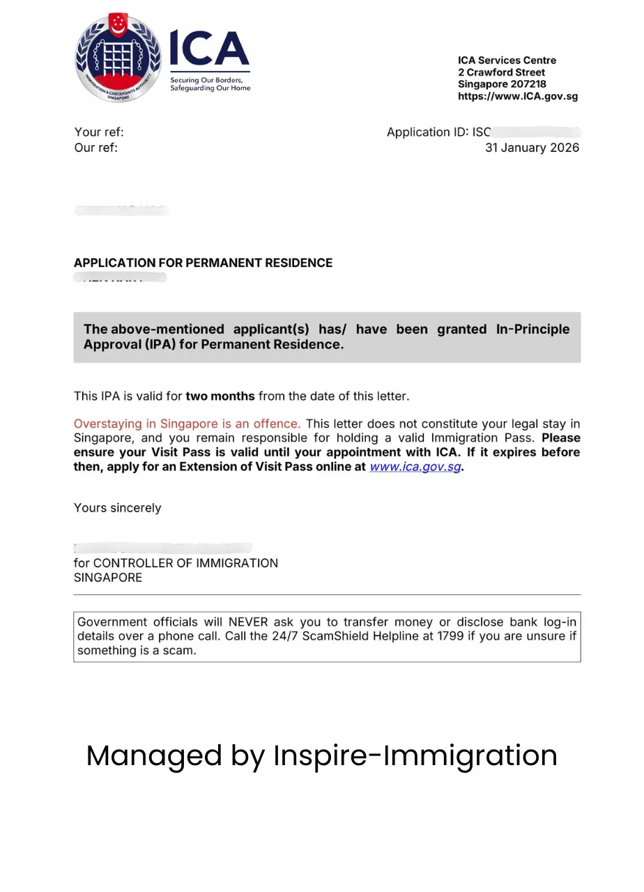 ICA In-Principle Approval letter for Permanent Residence