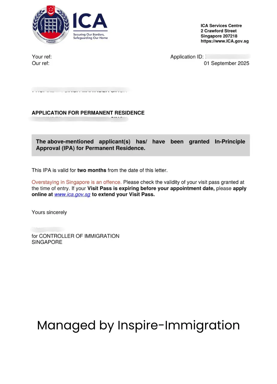 ICA In-Principle Approval letter for Permanent Residence