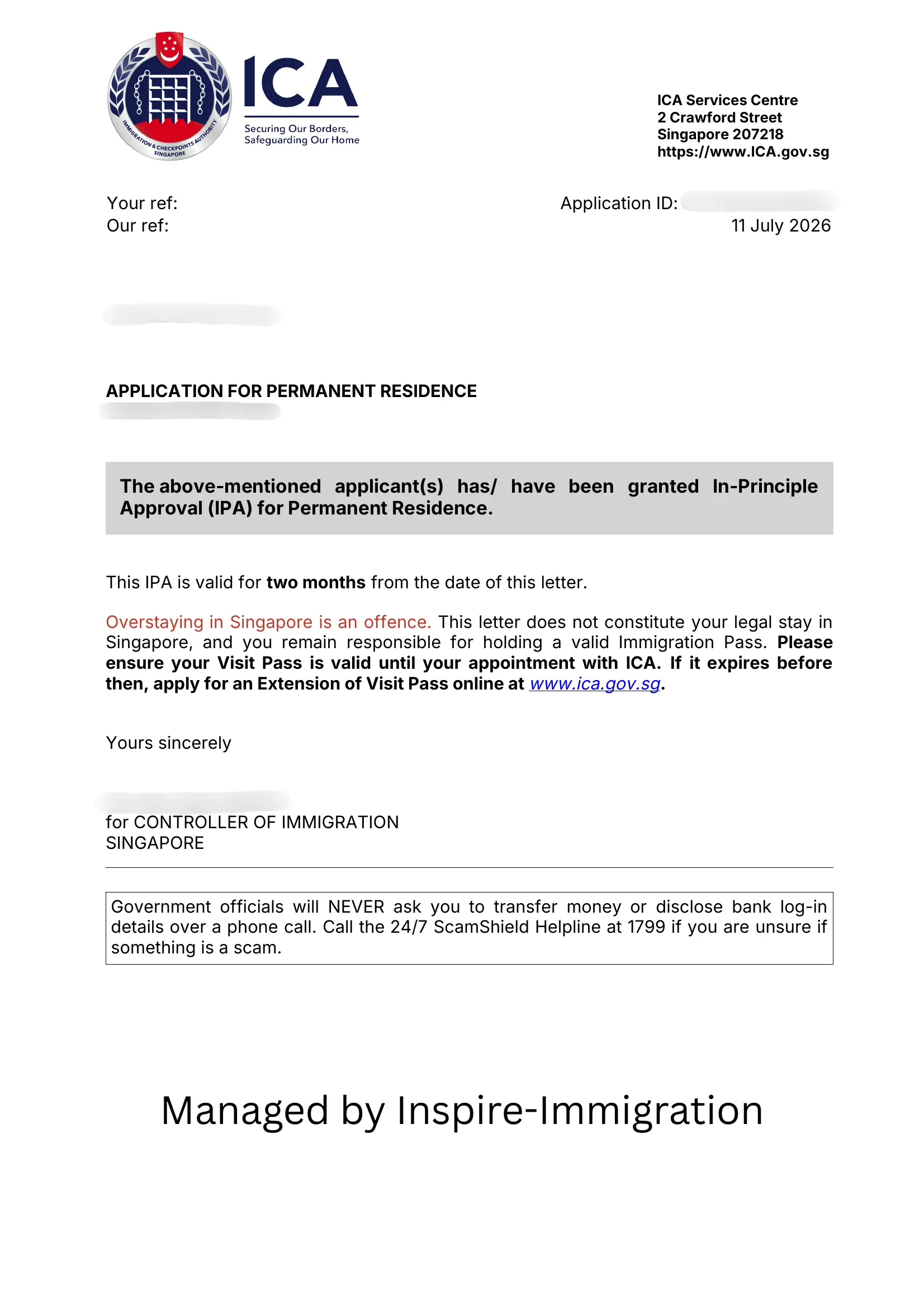 ICA In-Principle Approval letter for Permanent Residence